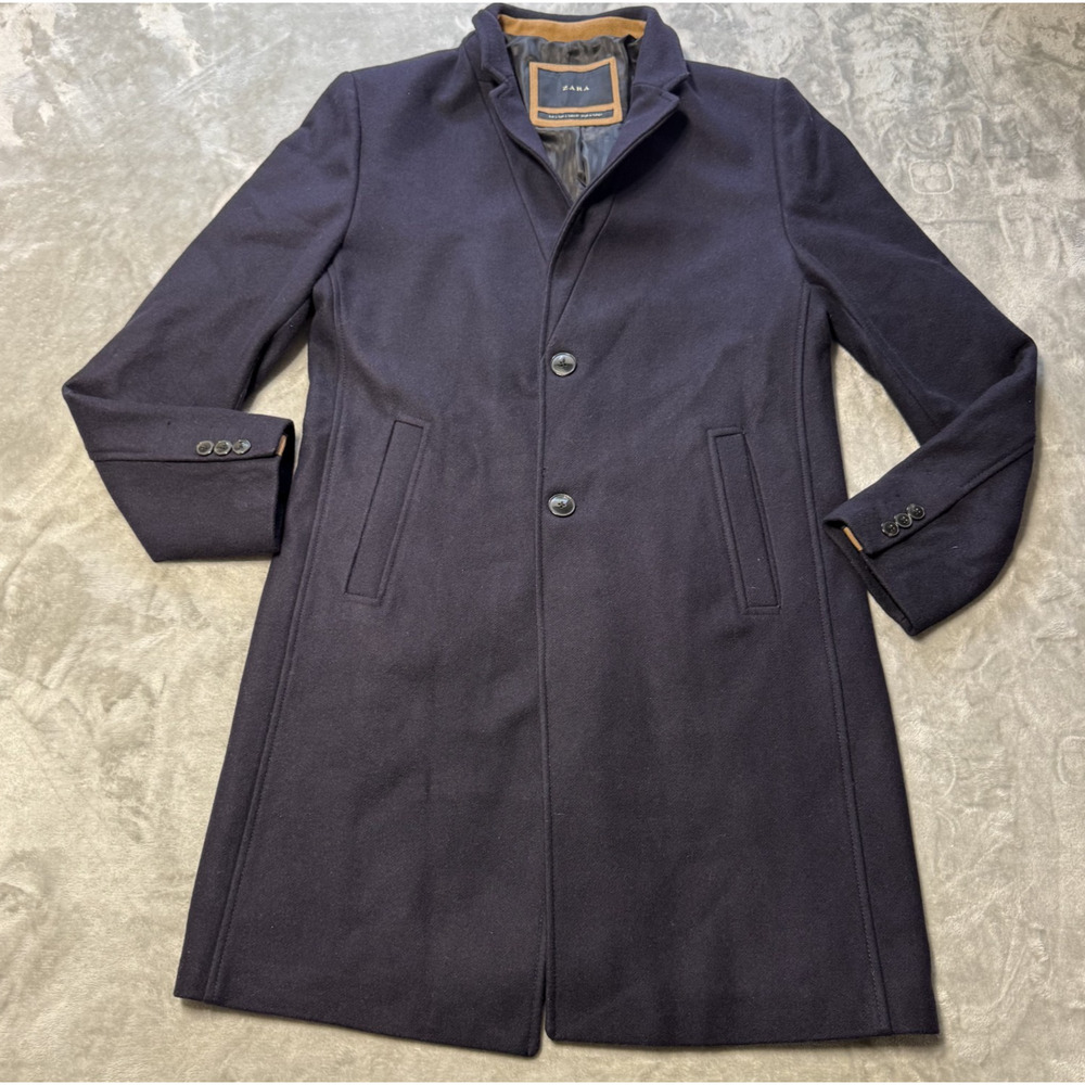 ZARA Mens Navy Blue Wool Blend Overcoat Jacket Peacoat 2 front Button Sz Large - Picture 2 of 13